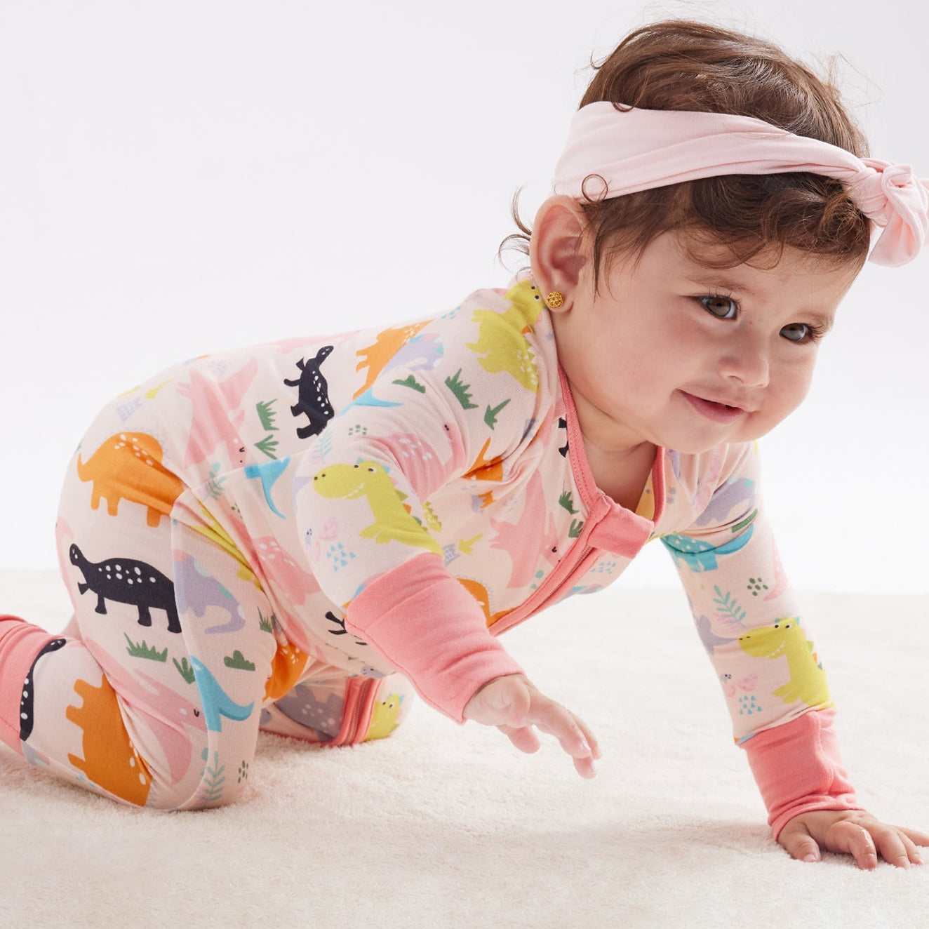 Cute Dinosaur Printed Zipper Bamboo Viscose Baby Jumpsuit