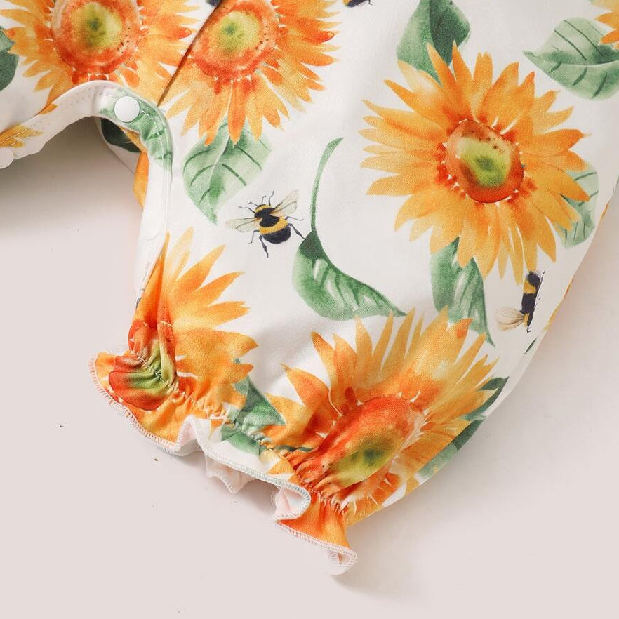 Lovely Sunflower Print Bow Flutter Sleeve Baby Jumpsuit