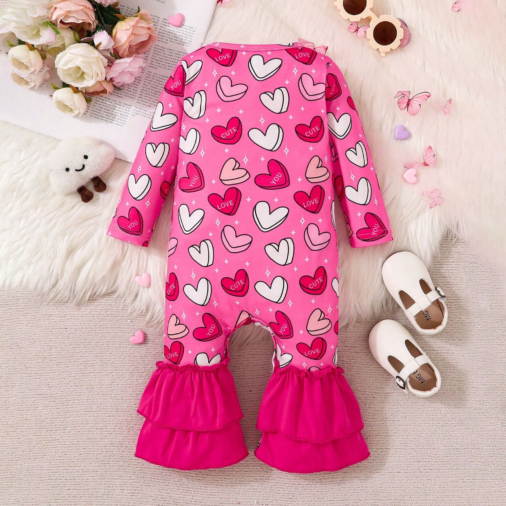 Casual Heart Printed Long Sleeve Baby Girl Jumpsuit