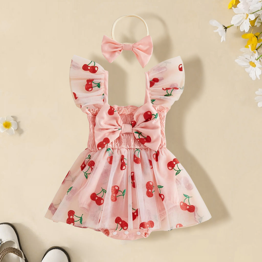 2PCS Lovely Cherry Print Tulle Flutter Sleeve Baby Romper