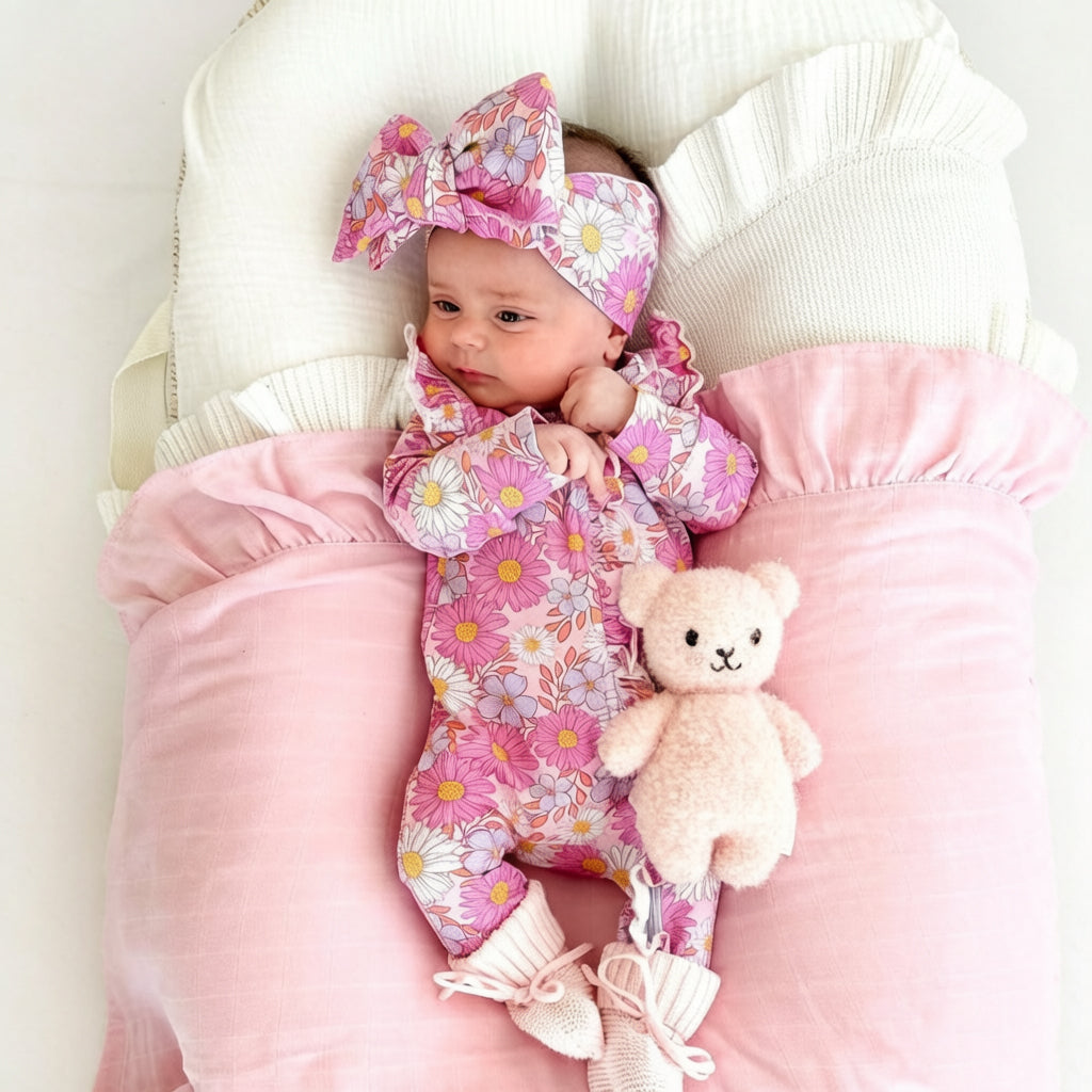 2PCS Gorgeous Floral Print Ruffle Zipper Baby Jumpsuit