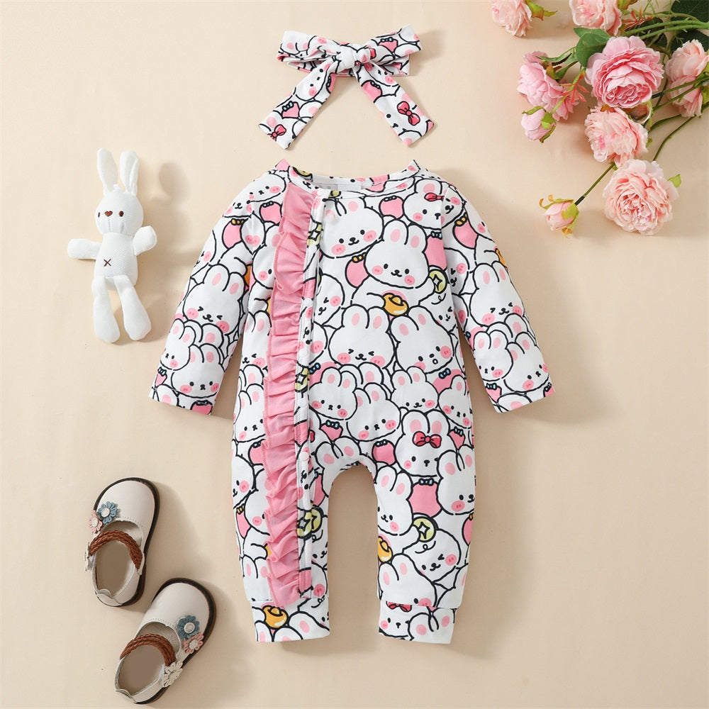 2PCS Adorable Rabbit Frill Trim Long Sleeve Baby Jumpsuit