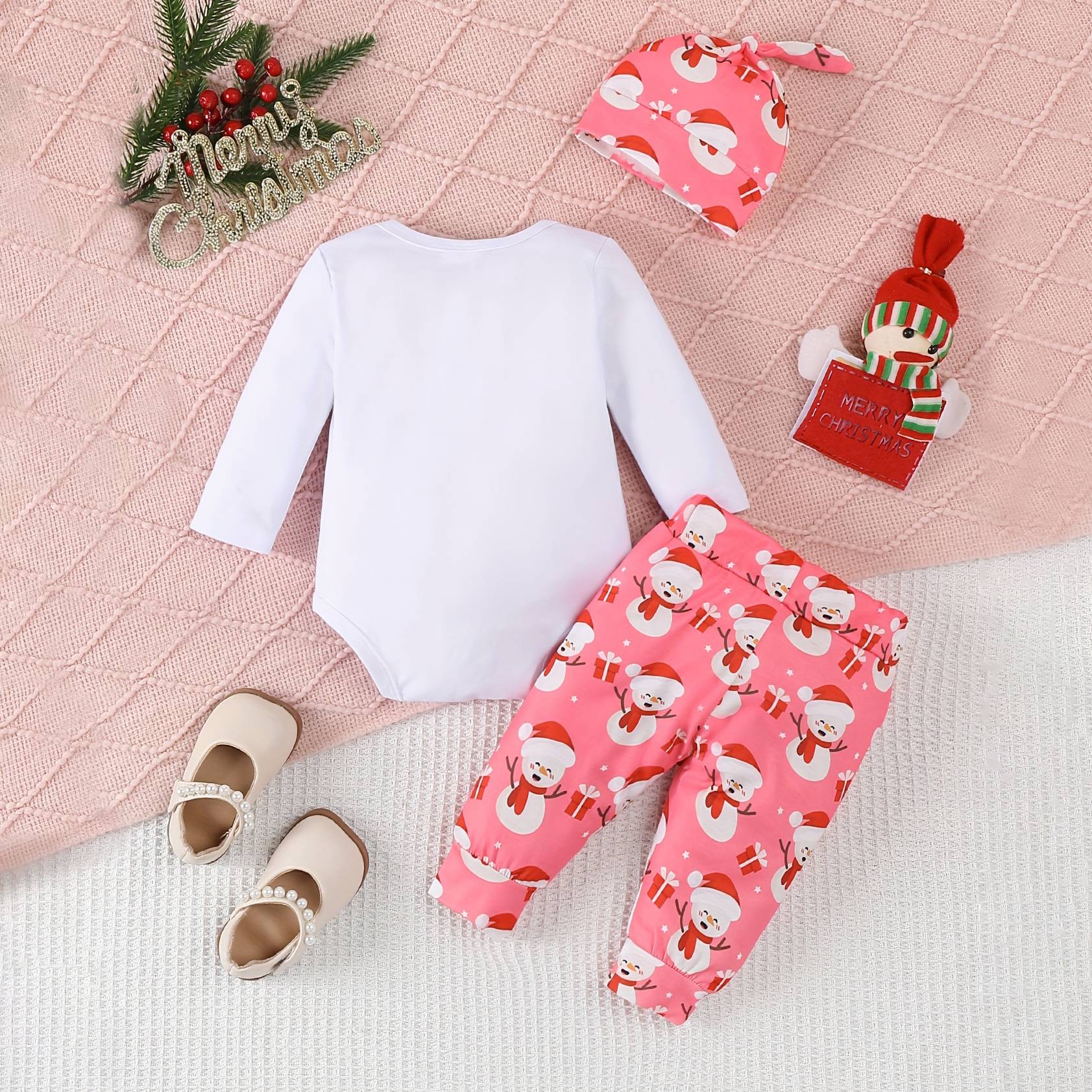 3PCS My 1st Christmas Letter Santa Snowman Printed Long Sleeve Baby Set