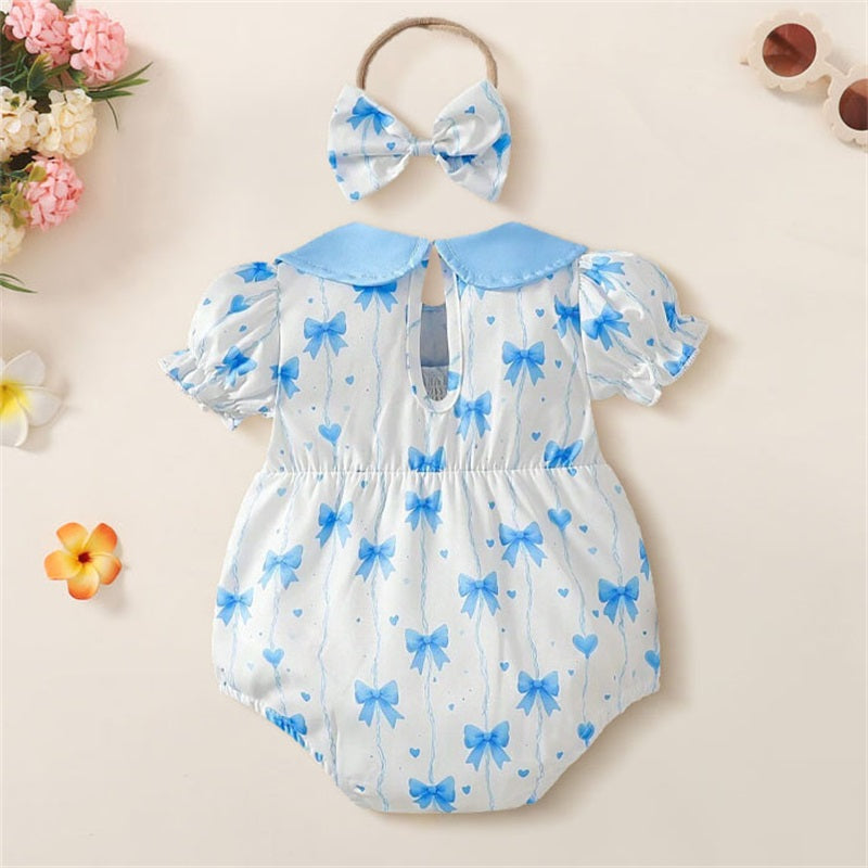 2PCS Cute Bow Printed Polo Collar Short Sleeve Baby Romper