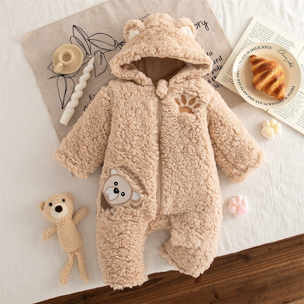 Adorable Bear Print Hooded Long Sleeve Baby Jumpsuit