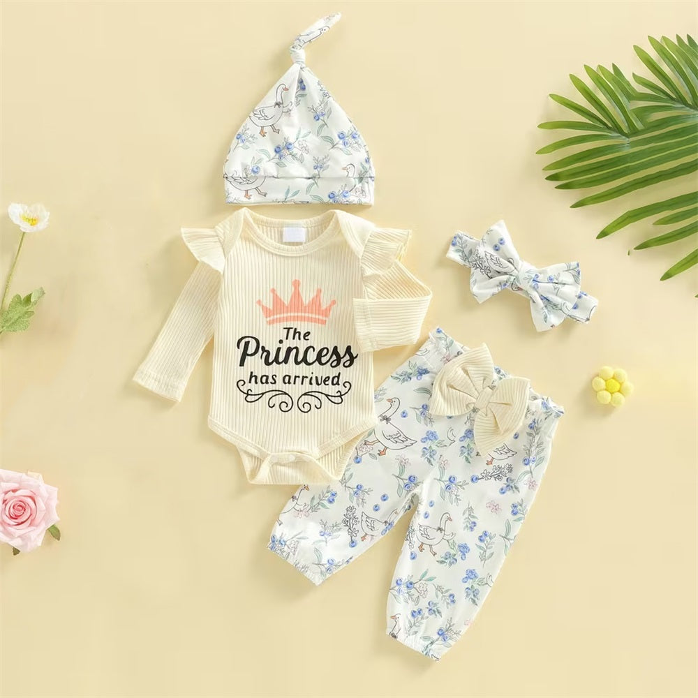 4PCS The Princess Has Arrived Letter Floral Print Long Sleeve Baby Set
