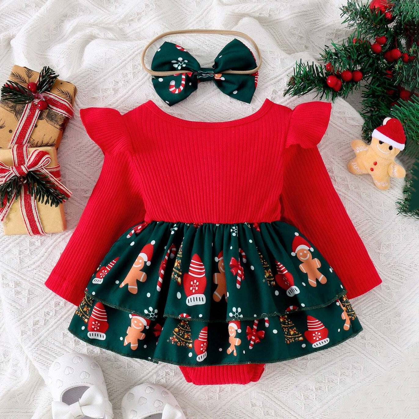 2PCS Christmas Gingerbread Printed Long Sleeve Baby Romper