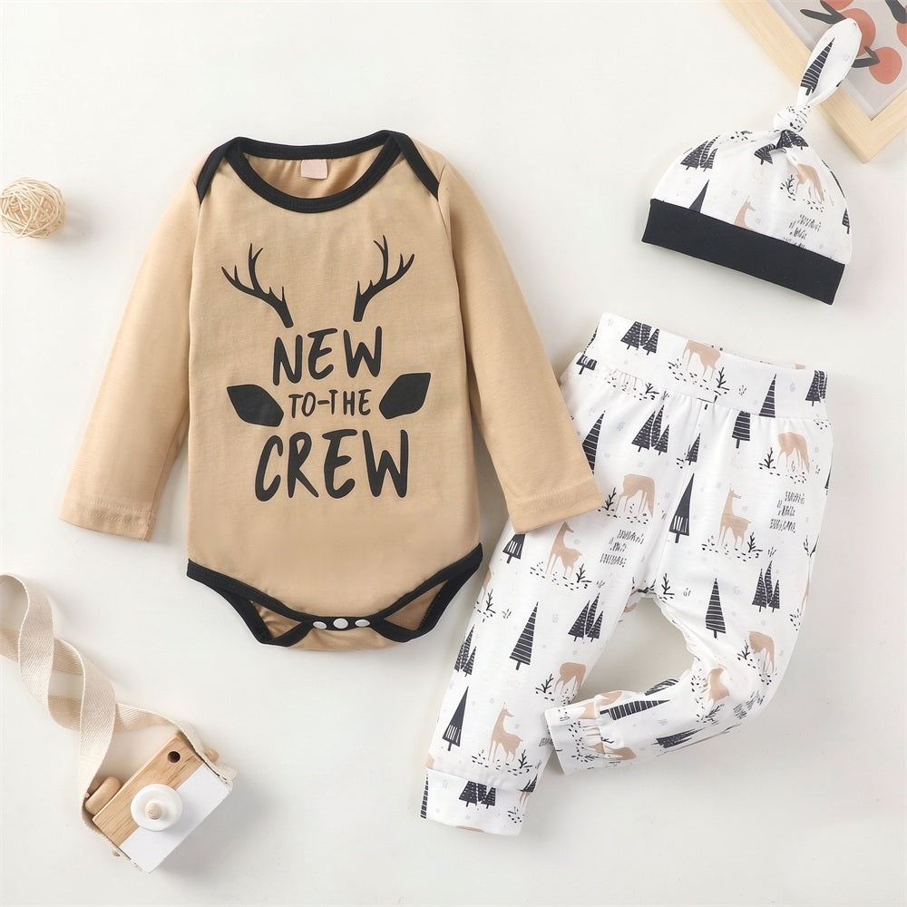 3PCS New To The Crew Letter Deer Printed Long Sleeve Baby Set