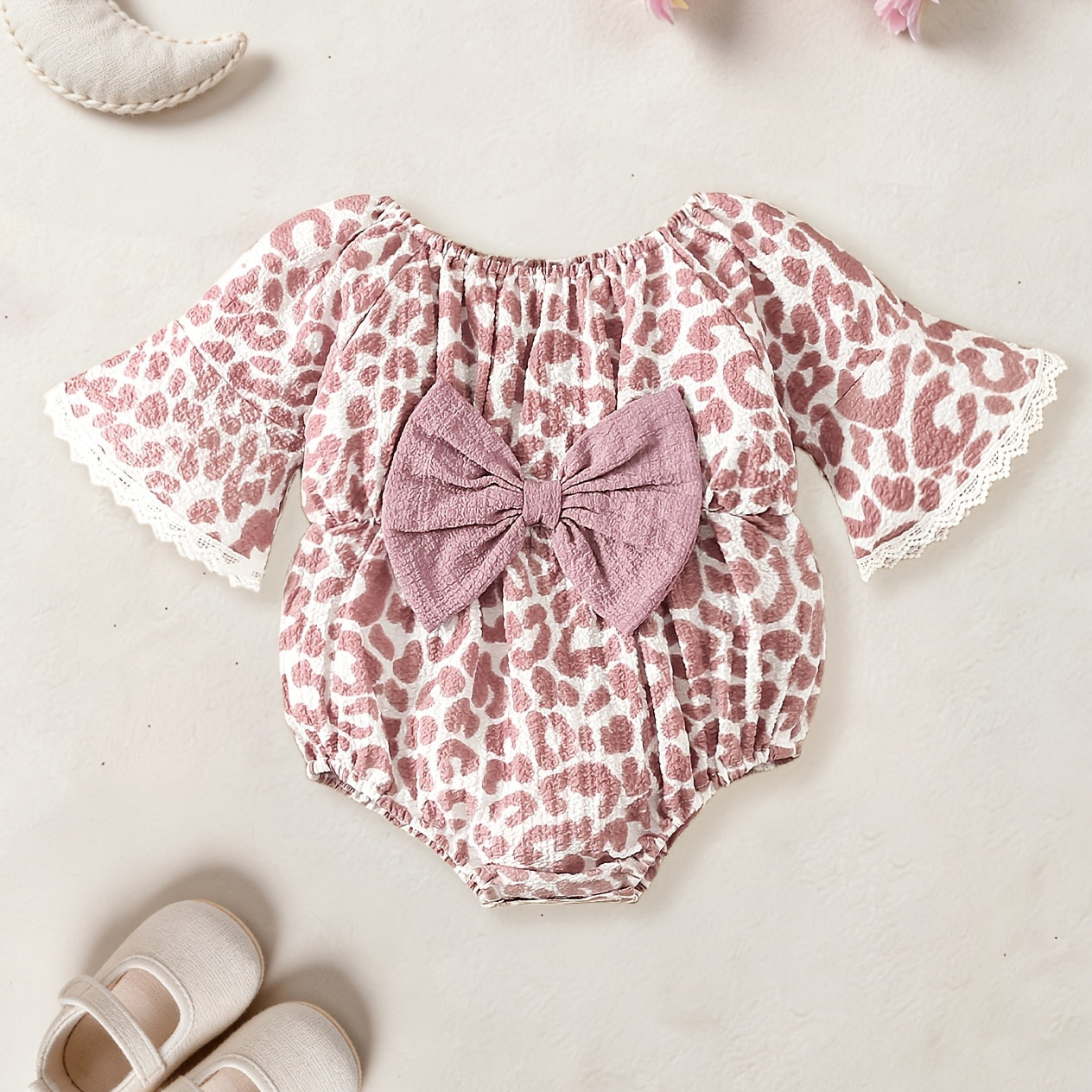 Cheerful Leopard Printed Bow Baby Girl Romper