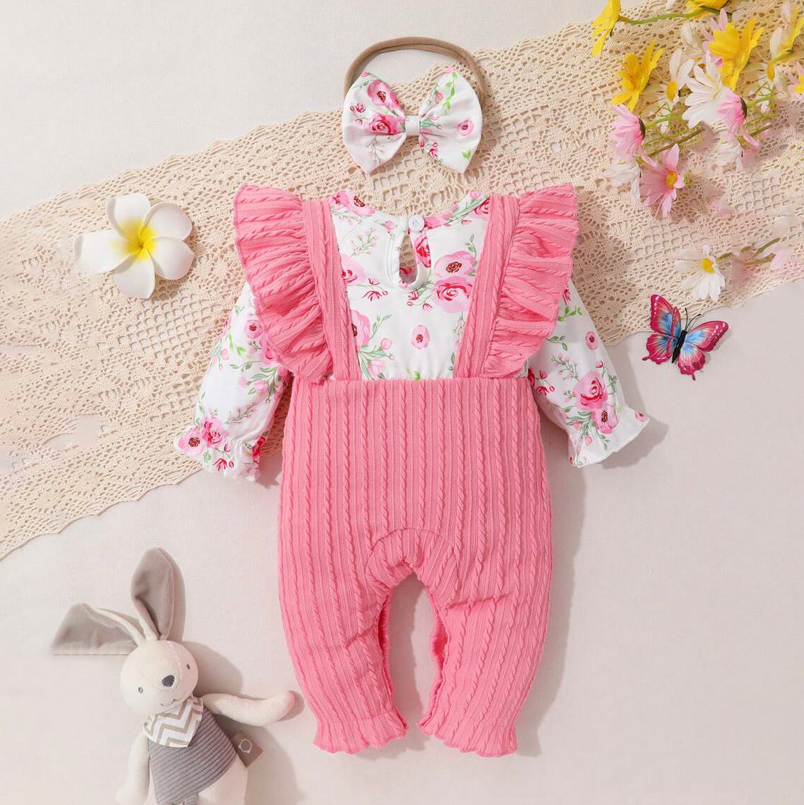 2PCS Sweet Floral Printed Ruffle Bowknot Long Sleeve Baby Jumpsuit