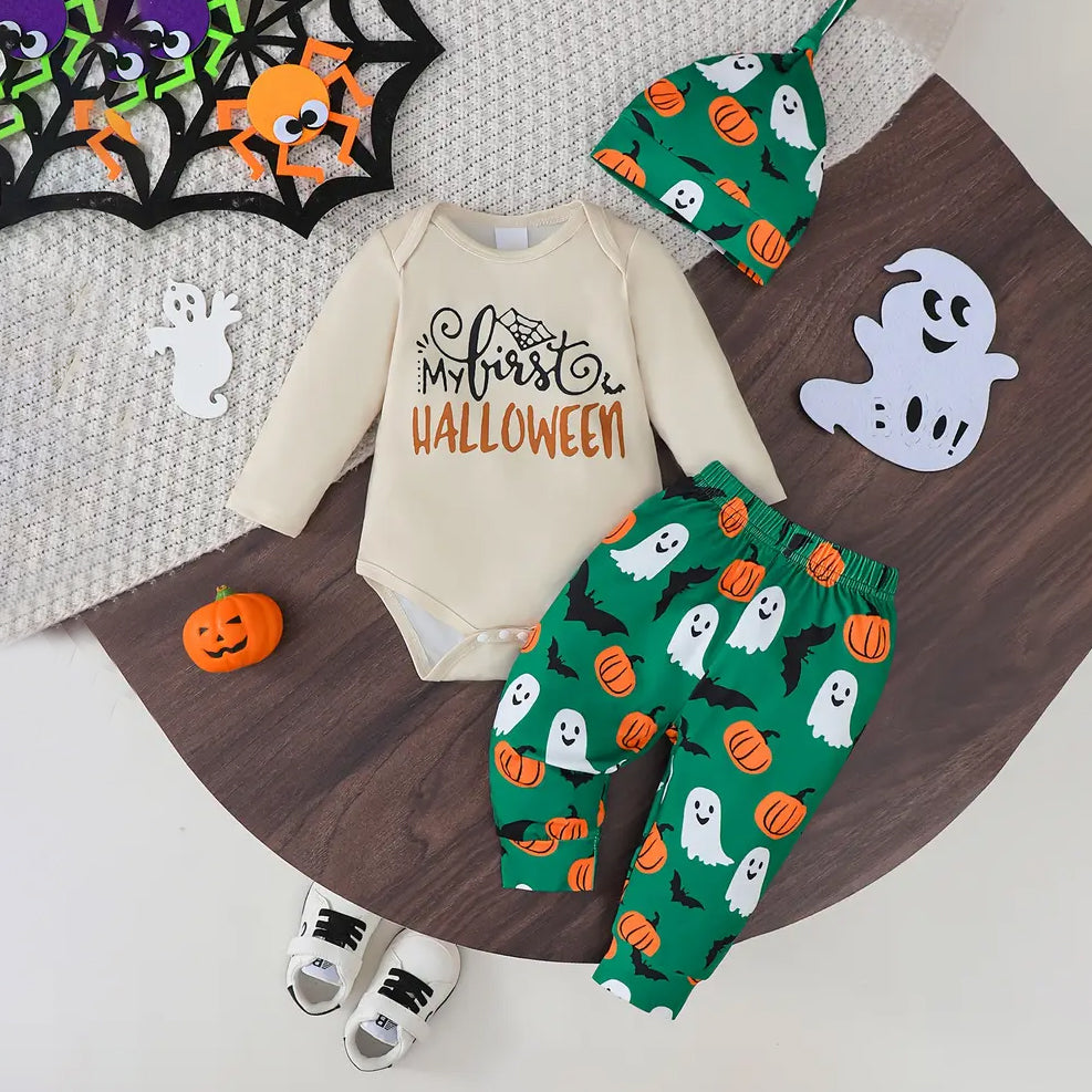 3PCS My First Halloween Letter Ghost Print Baby Set