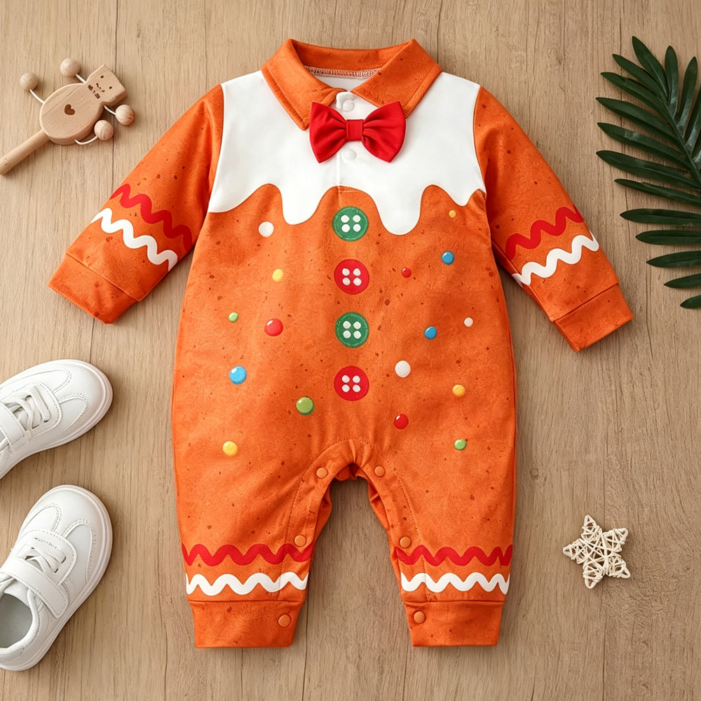 Cute Gingerbread Man Design Bow Decor Long Sleeve Baby Jumpsuit