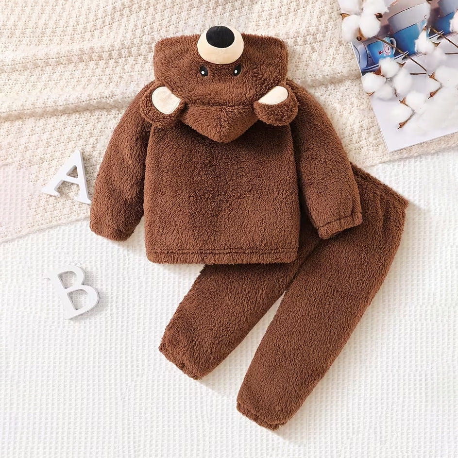 2PCS Cute 3D Bear Print Baby Fuzzy Hooded Set