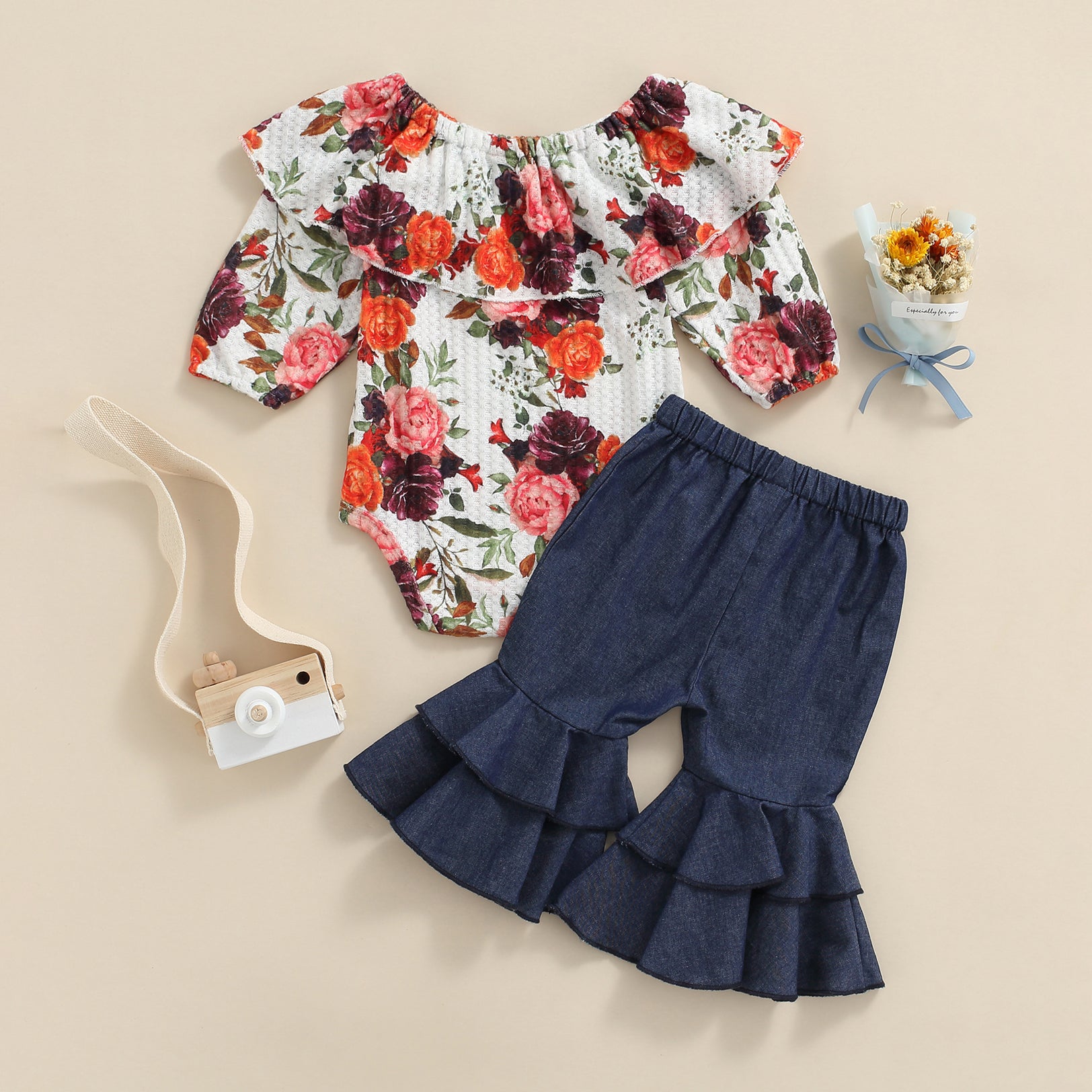 2PCS Adorable Floral Print Long Sleeve Baby Set
