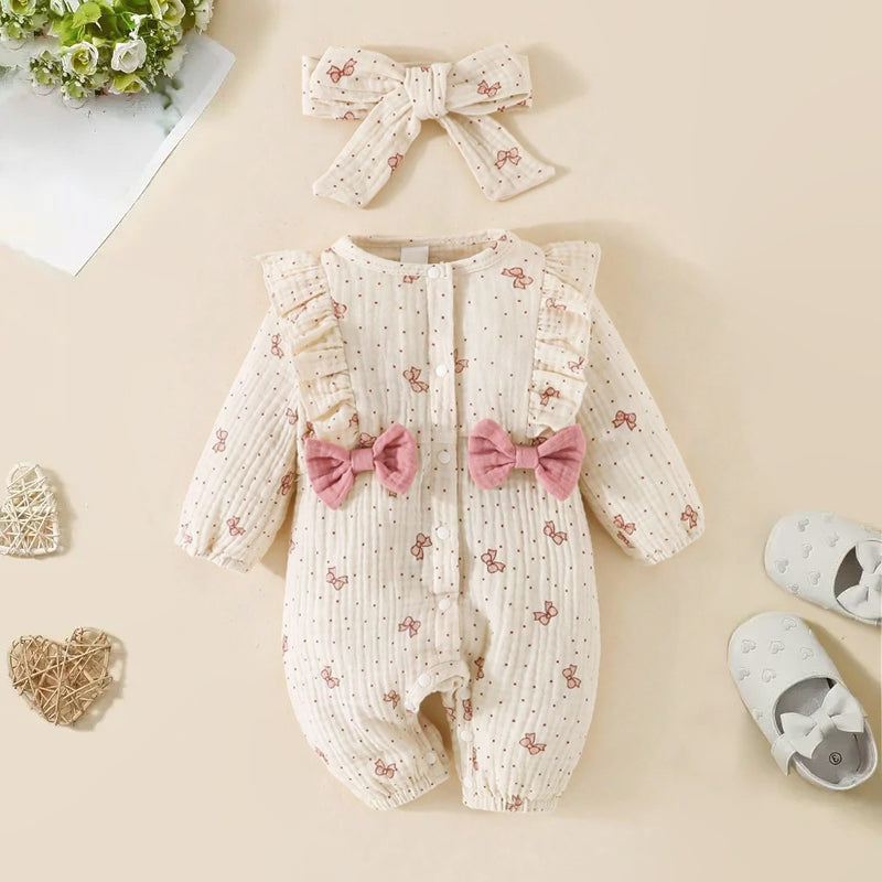 2PCS Little Bow Print Long Sleeve Baby Jumpsuit