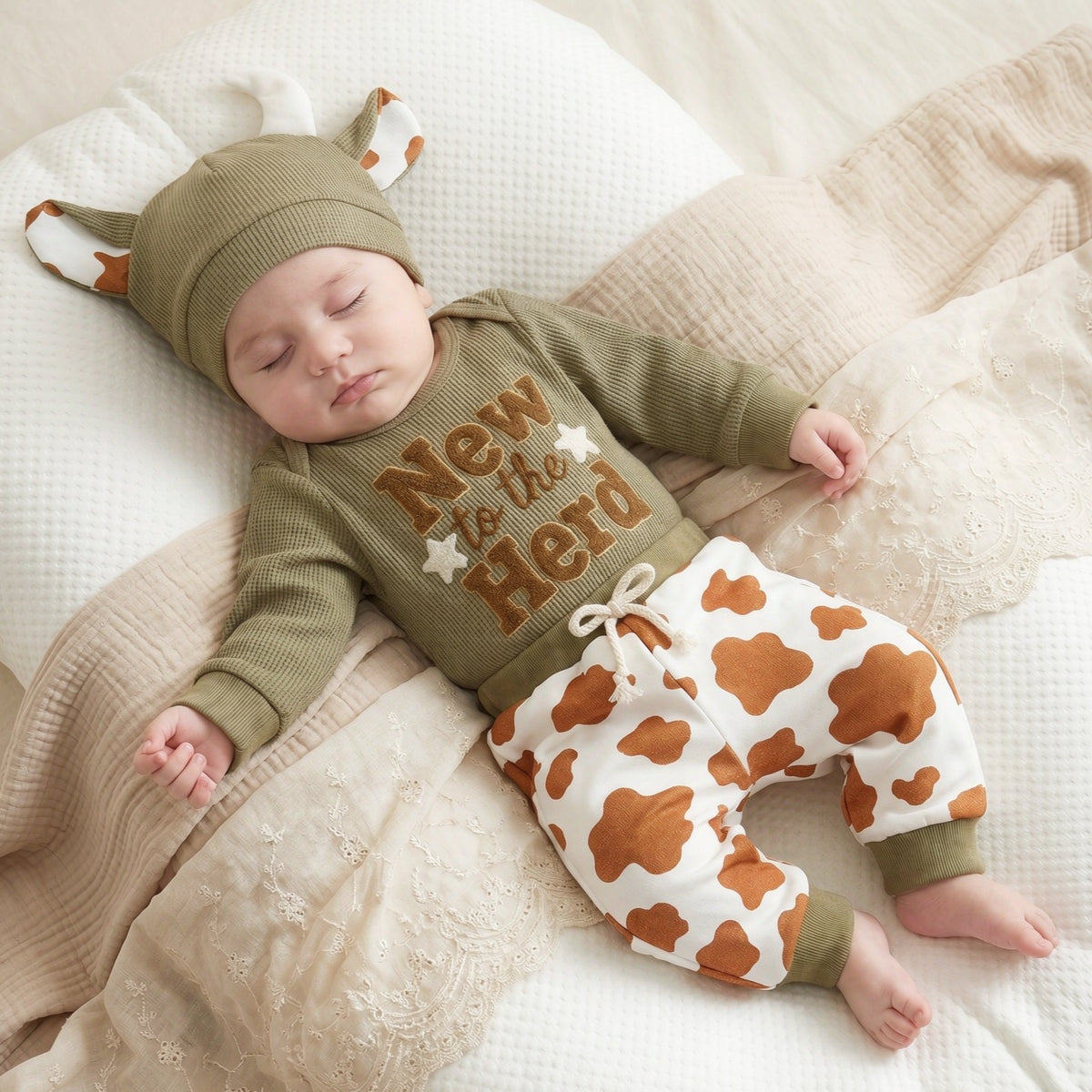 3PCS Cute New to The Herd Letter Applique Cow Print Baby Set