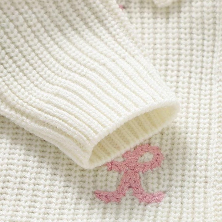 Lovely Solid Color Bow Print Knit Long Sleeve Baby Jumpsuit