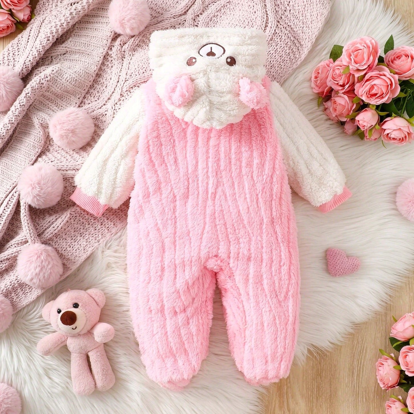 Lovely Bear Appliqué Fuzzy Long Sleeve Baby Girl Jumpsuit