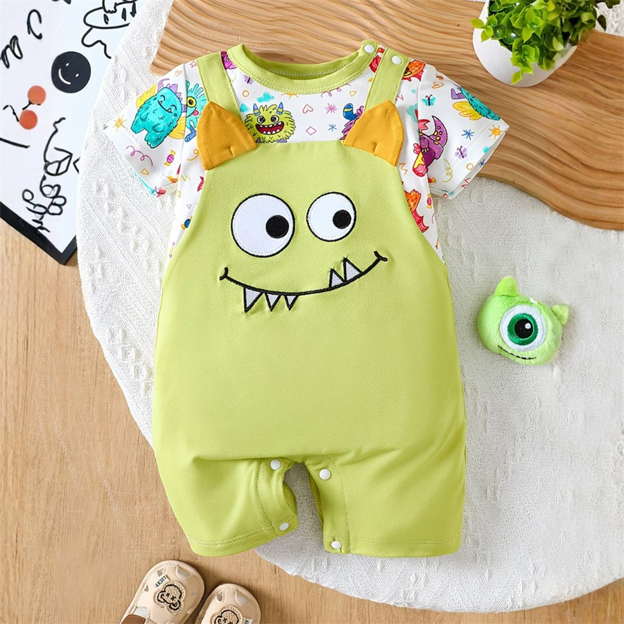 Cute Monster Printed Short Sleeve Baby Jumpsuit