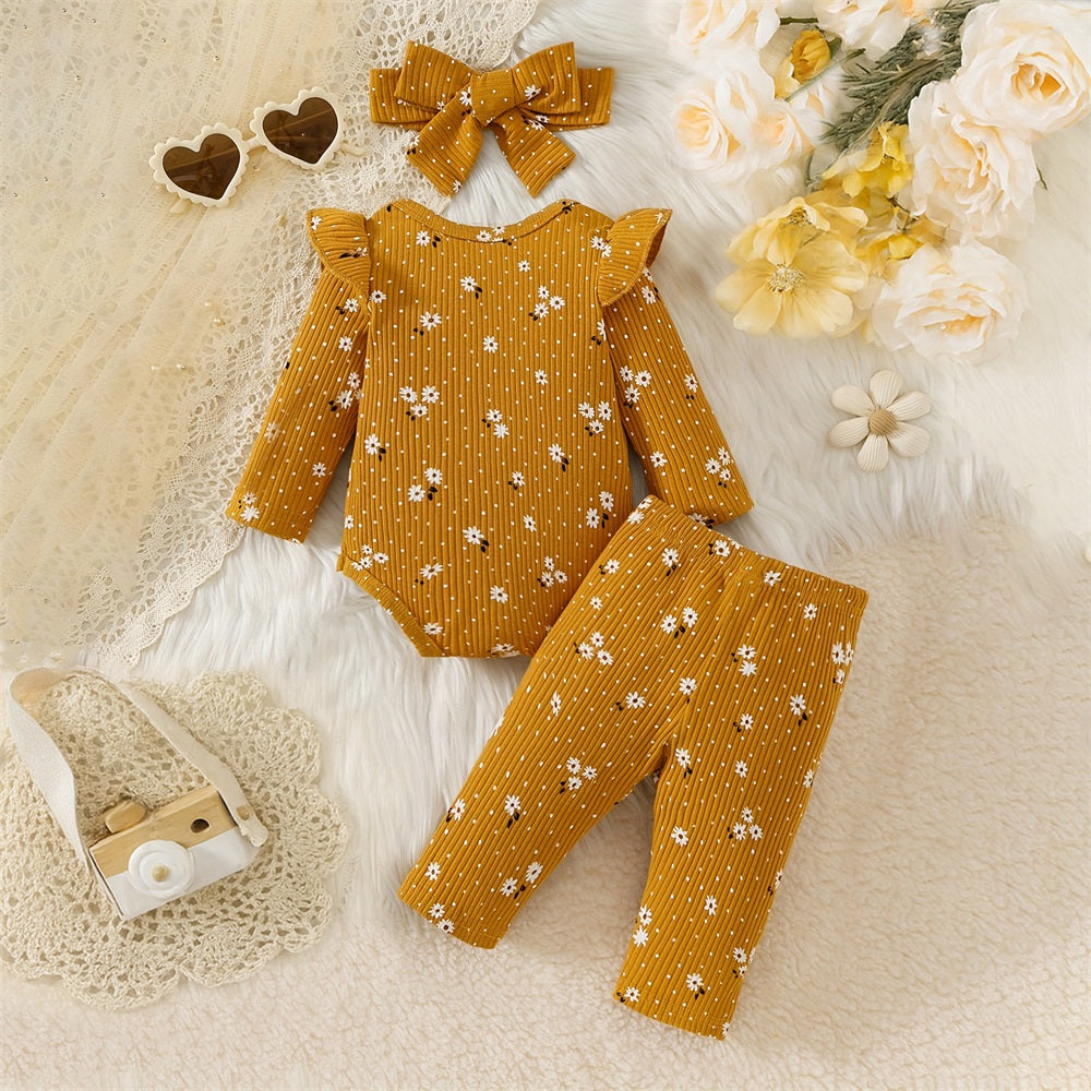 3PCS Stylish Cute Floral Printed Long Sleeve Baby Set