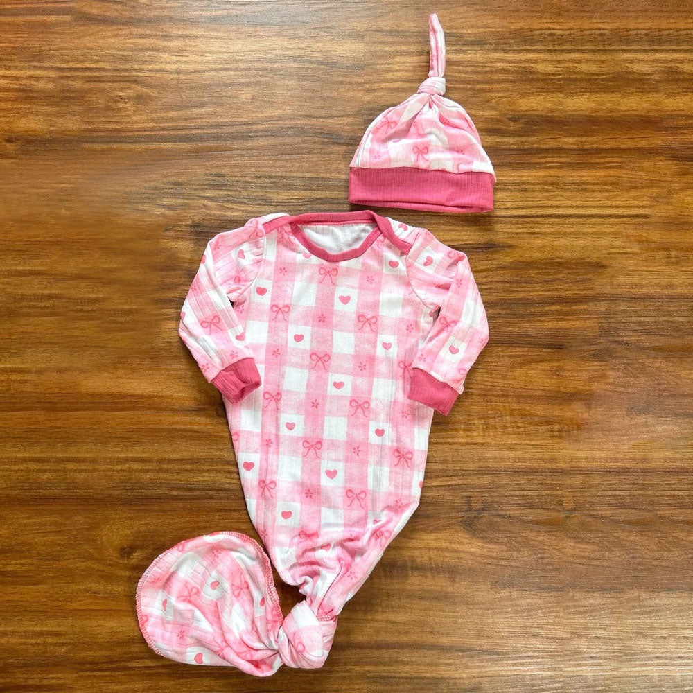 2PCS Sweet Bow and Plaid Printed NewBorn Knotted Baby Gown