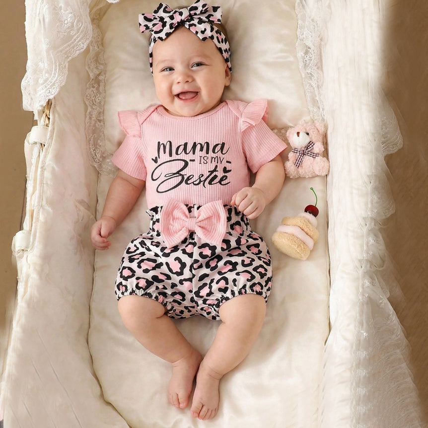 3PCS Mama Is My Bestie Letter Leopard Print Baby Set