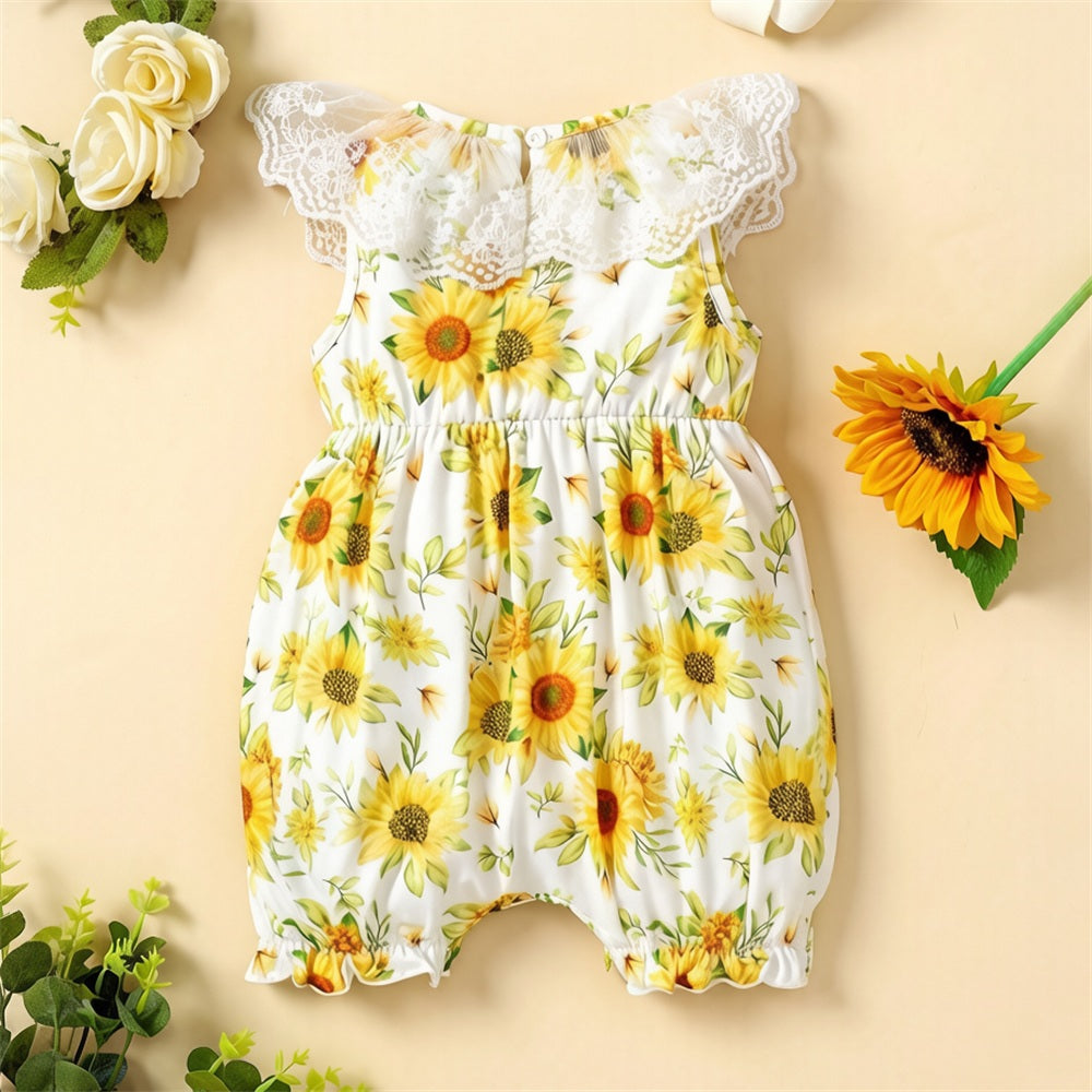 Charming Sunflower Print Flutter Sleeve Baby Jumpsuit