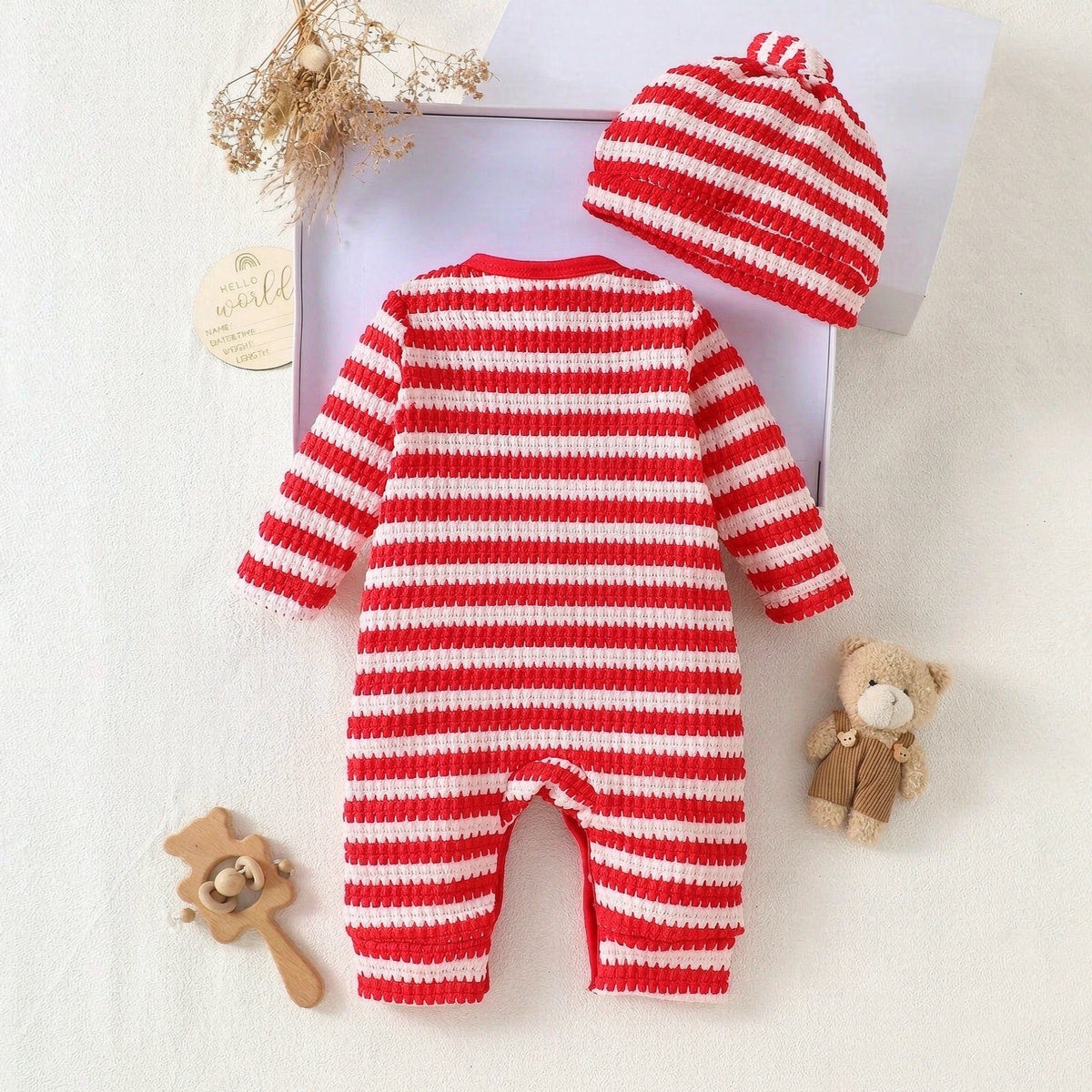 2PCS Mama's Baby Letter Applique Striped Knit Baby Christmas Jumpsuit