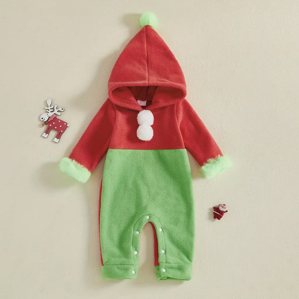 Christmas Elf Long Sleeve Plush Baby Hooded Jumpsuit