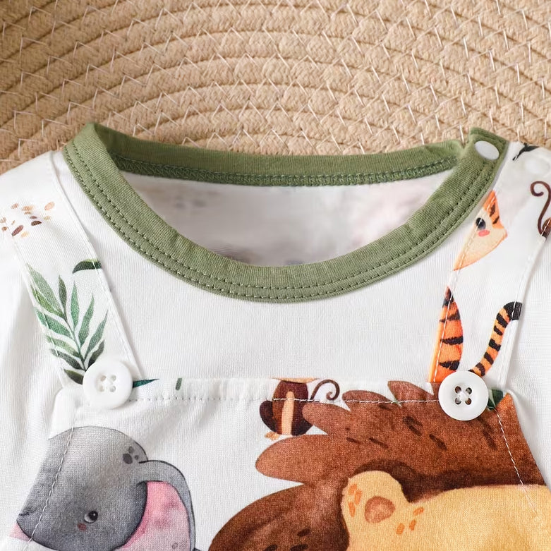 Casual Lion Elephant Print Faux Layer Long Sleeve Baby Jumpsuit
