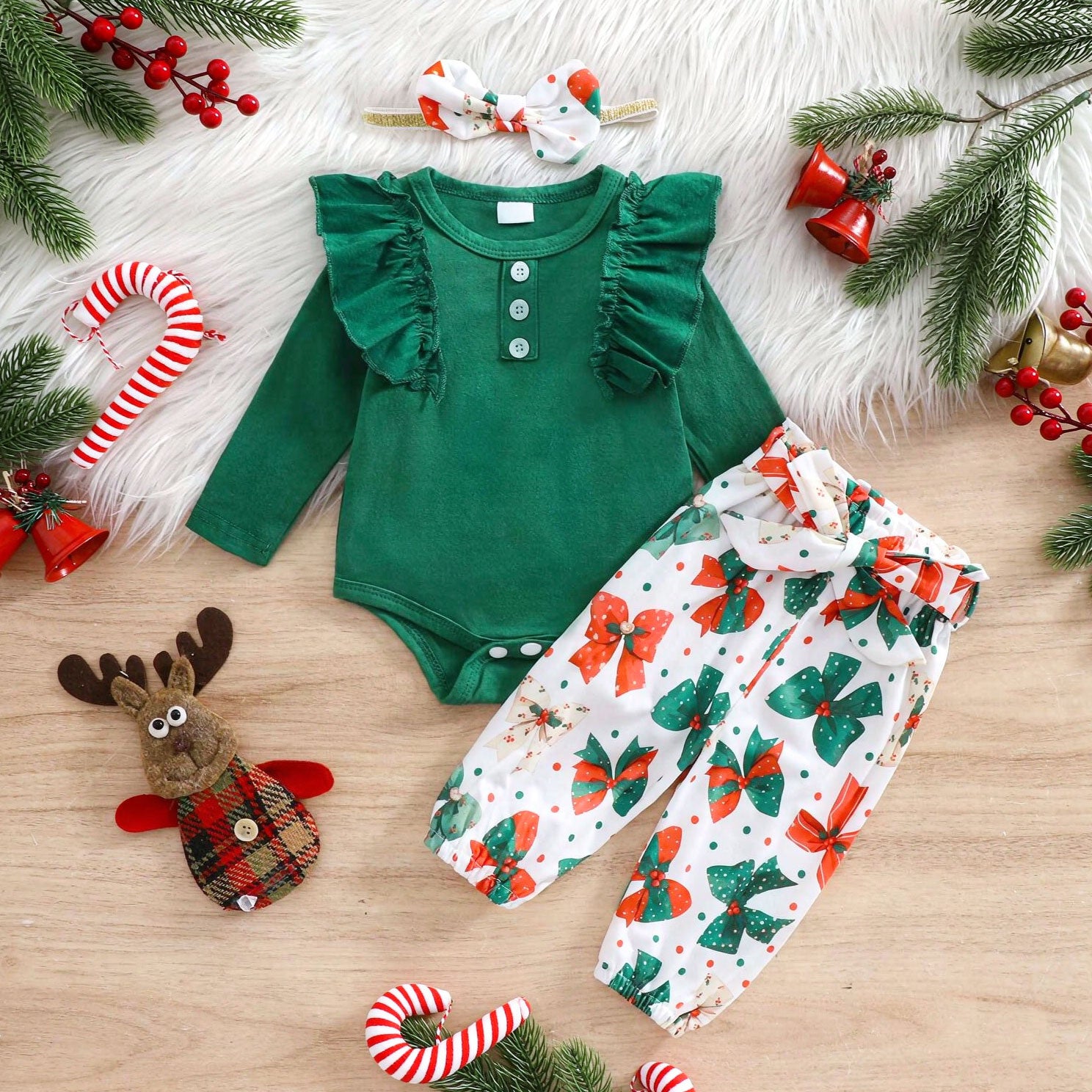 3PCS Bubbly Christmas Bow Printed Long Sleeve Baby Set