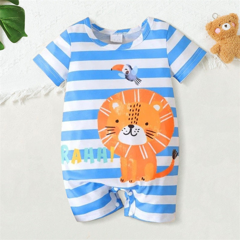 Cute Lion Printed Striped Short Sleeve Baby Jumpsuit
