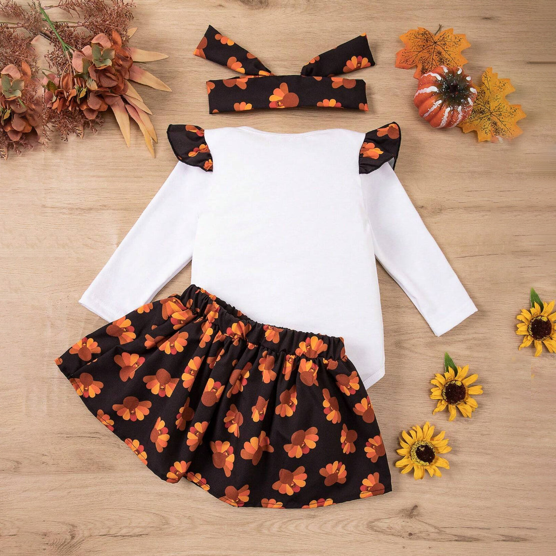 3PCS My 1st Thanksgiving Letter Turkey Printed Baby Skirt Set