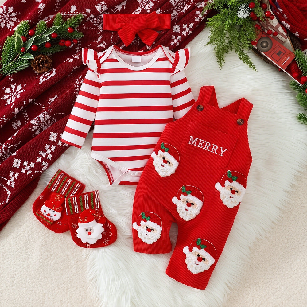 3PCS "MERRY" Embroidery Santa Applique Striped Baby Girl Overalls Set