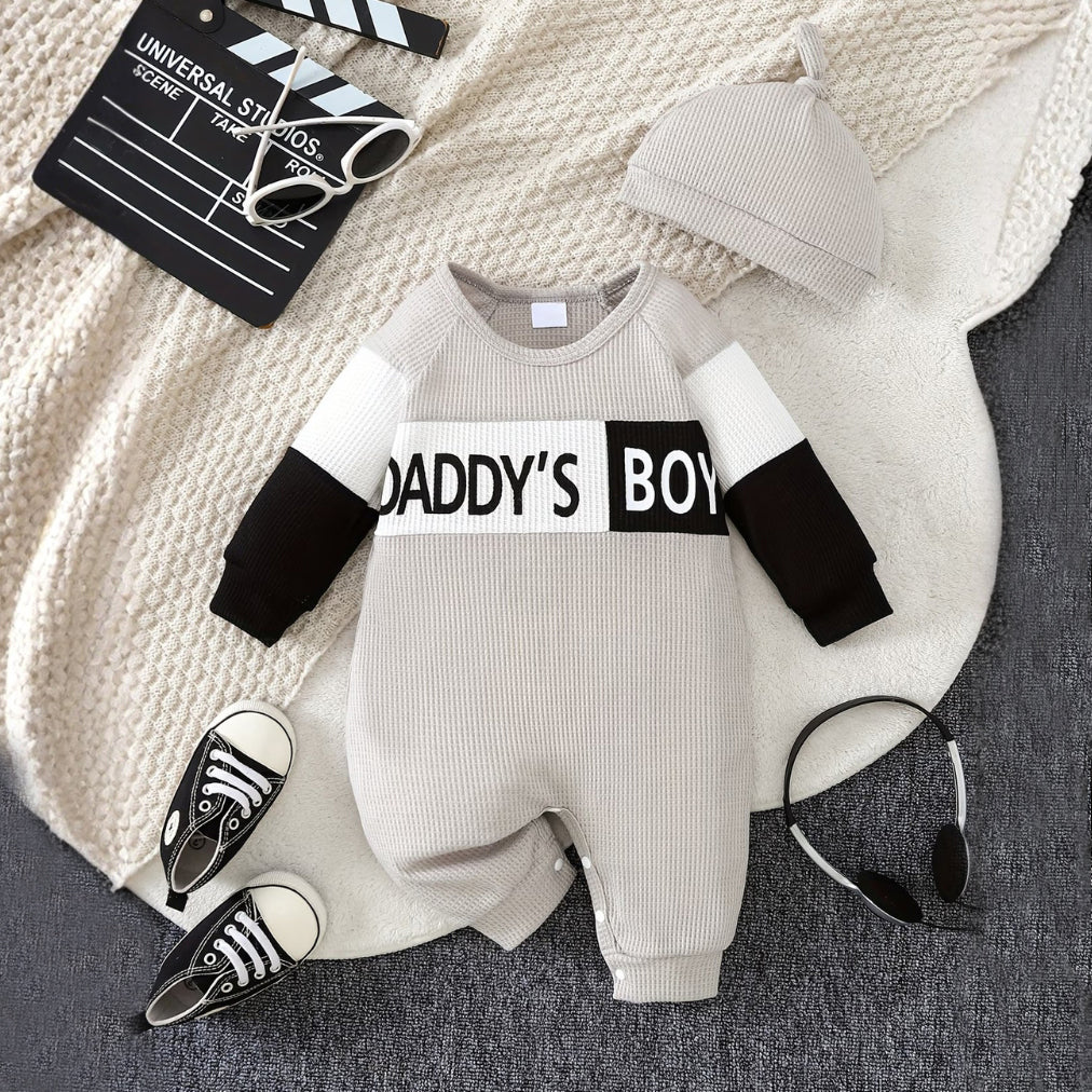 2PCS Daddy's Boy Letter Printed Waffle Long Sleeve Baby Jumpsuit