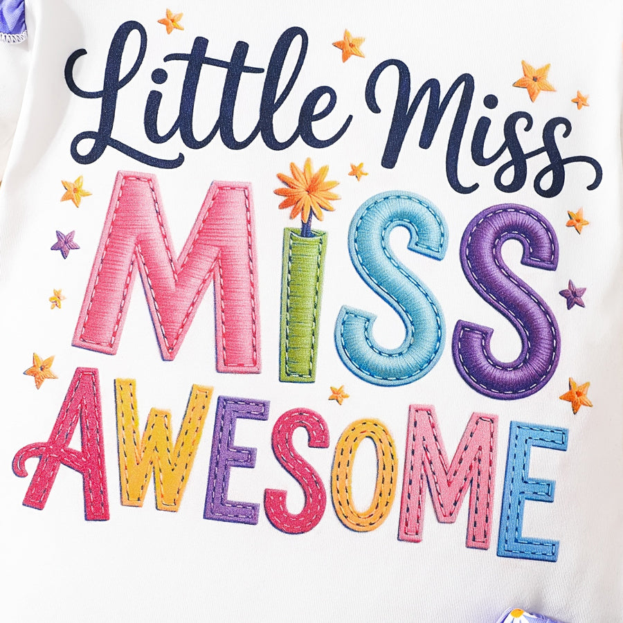 3PCS Miss Awesome Letter Daisy & Plaid Print Short Sleeve Baby Set