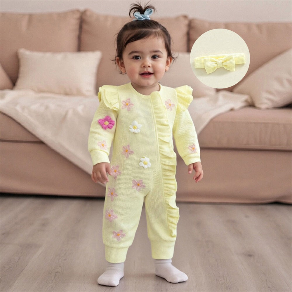 2PCS Cute 3D Flower Ruffled Long Sleeve Baby Jumpsuit