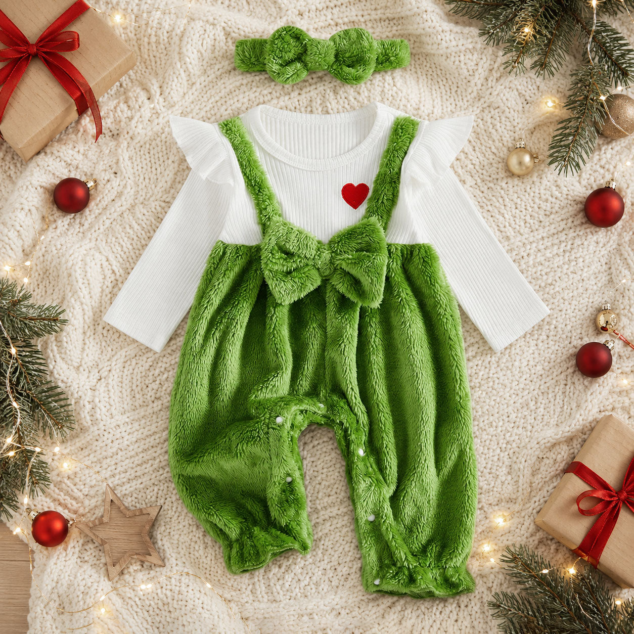 2PCS Fuzzy Christmas Heart Embroidery Long Sleeve Baby Jumpsuit