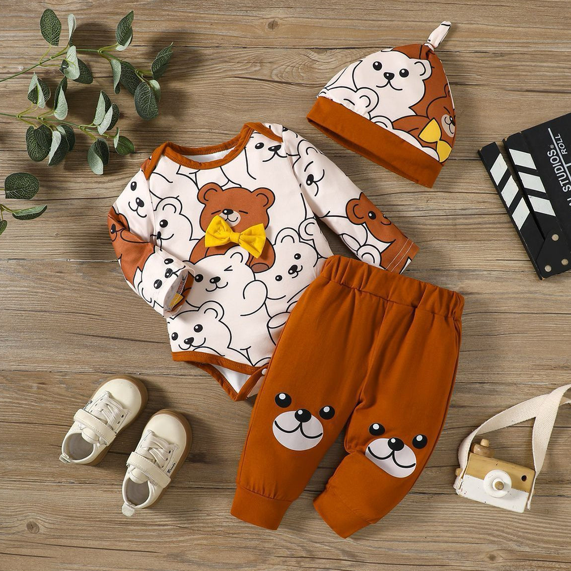 3PCS Lively Bear Printed Bow Baby Set