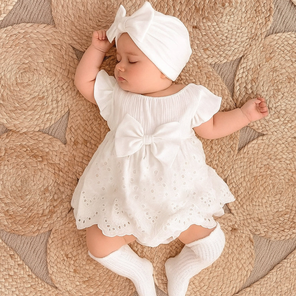 Comfy Solid Color Bowknot Ruffle Sleeves Baby Romper