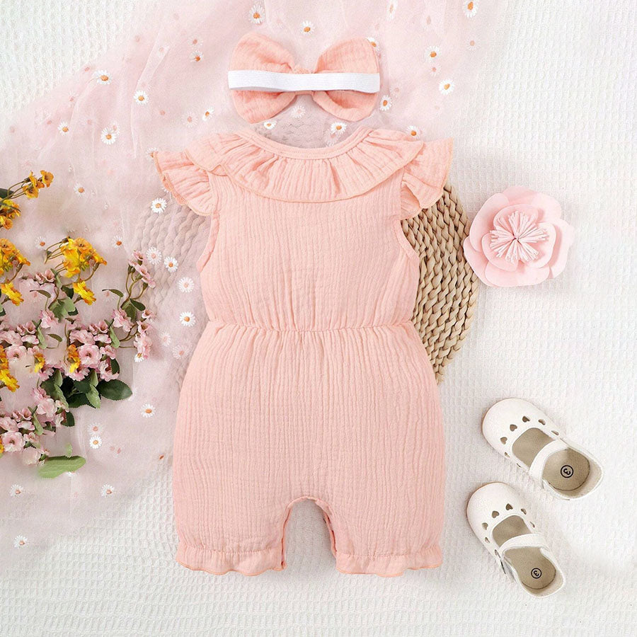 2PCS Sweet Solid Color Sleeveless Baby Jumpsuit