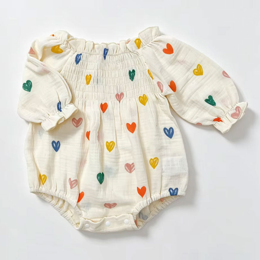 Lovely Heart Print Long Sleeve Baby Girl Bubble Romper