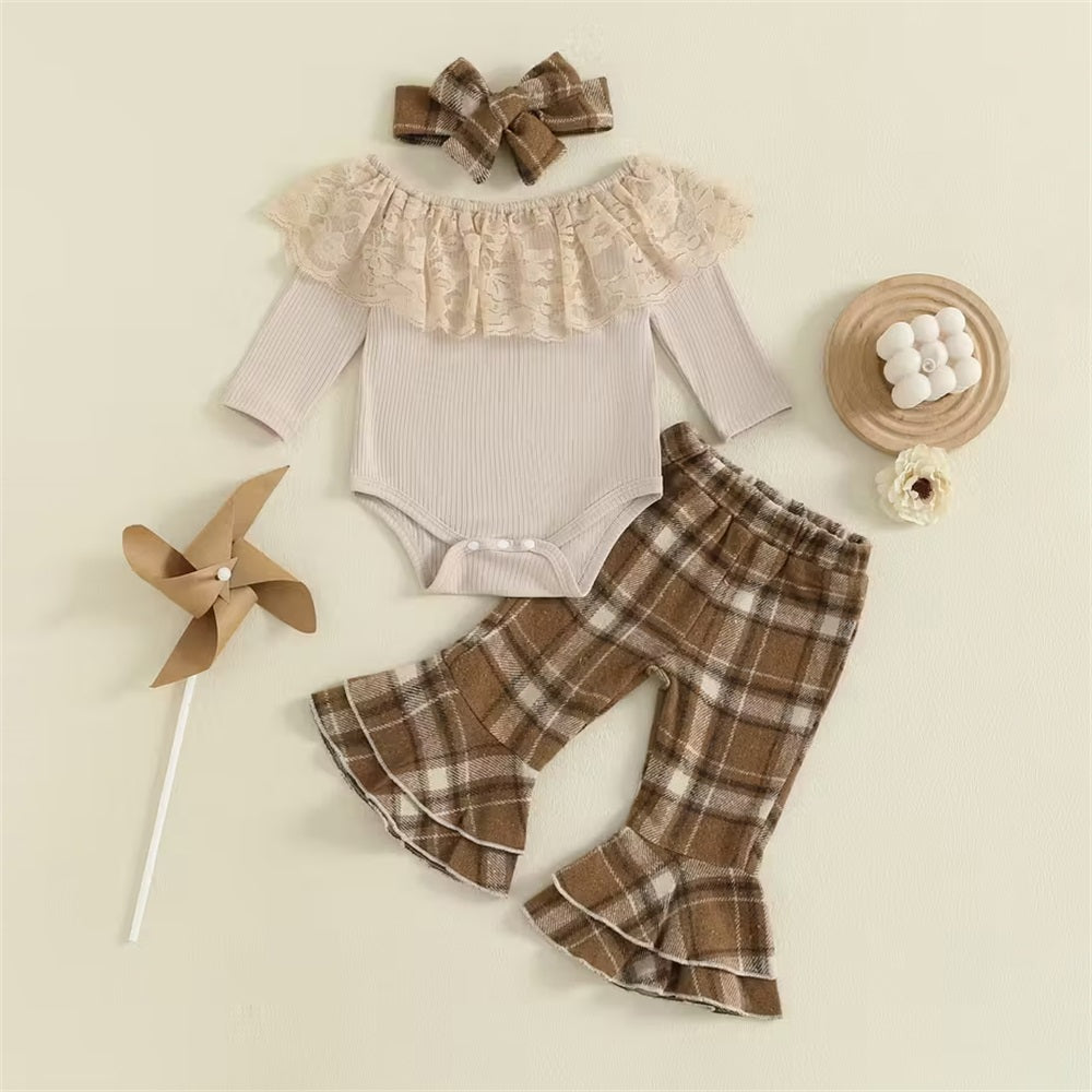 3PCS Stylish Plaid Print Lace Trim Long Sleeve Baby Set