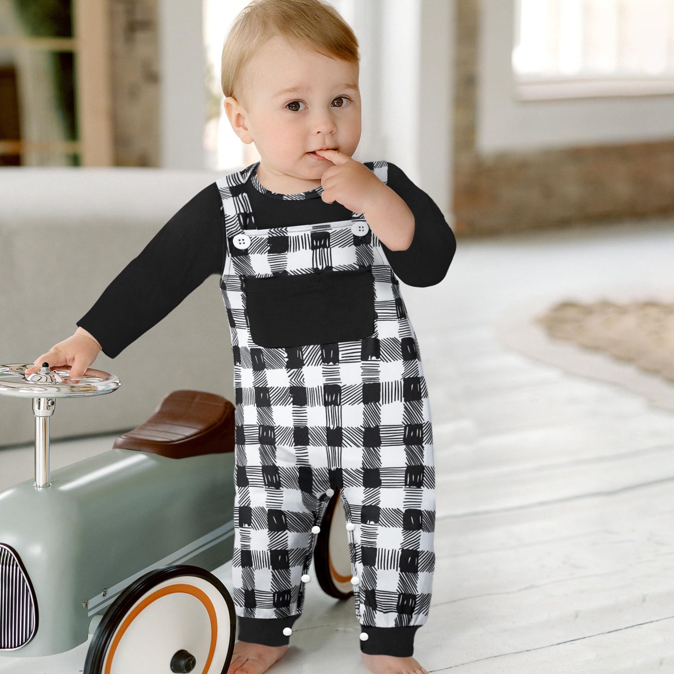 2PCS Cute Plaid Printed Long Sleeve Overalls Baby Set