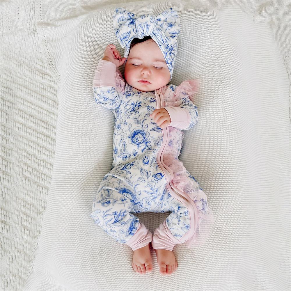 2PCS Floral Printed Lace Frills Long Sleeve Baby Jumpsuit