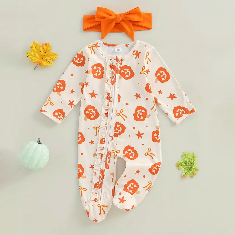 2PCS Pumpkin Print Ruffle Zipper Long Sleeve Baby Jumpsuit