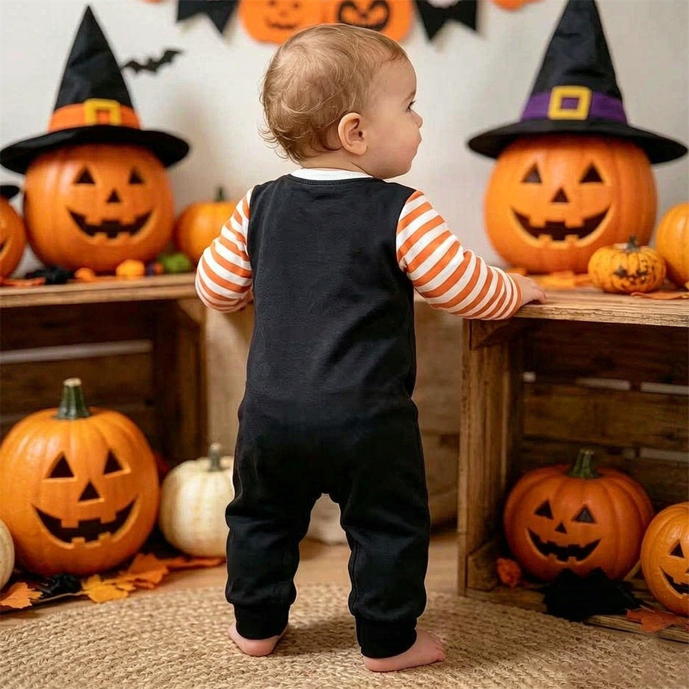 Adorable Halloween Pumpkin Stripe Print Long Sleeve Baby Jumpsuit