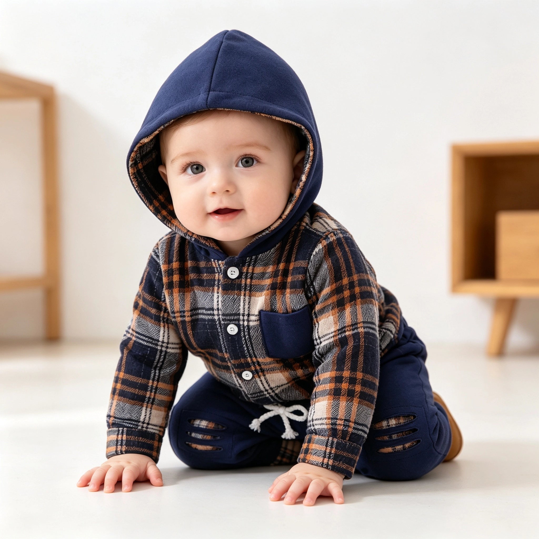 2PCS Comfy Plaid Printed Long Sleeve Hoodie Baby Set