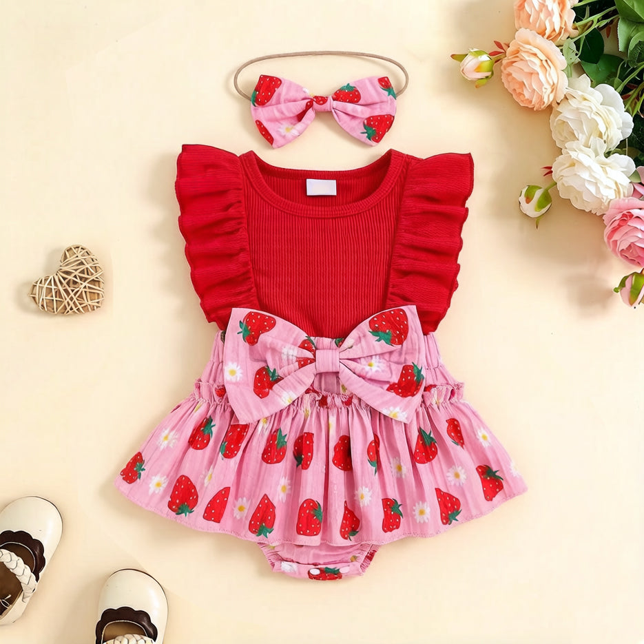 2PCS Cute Strawberry Floral Print Flutter Sleeve Baby Romper