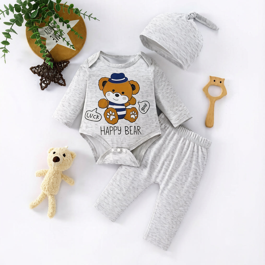 3PCS Happy Bear Letter Printed Long Sleeve Baby Set